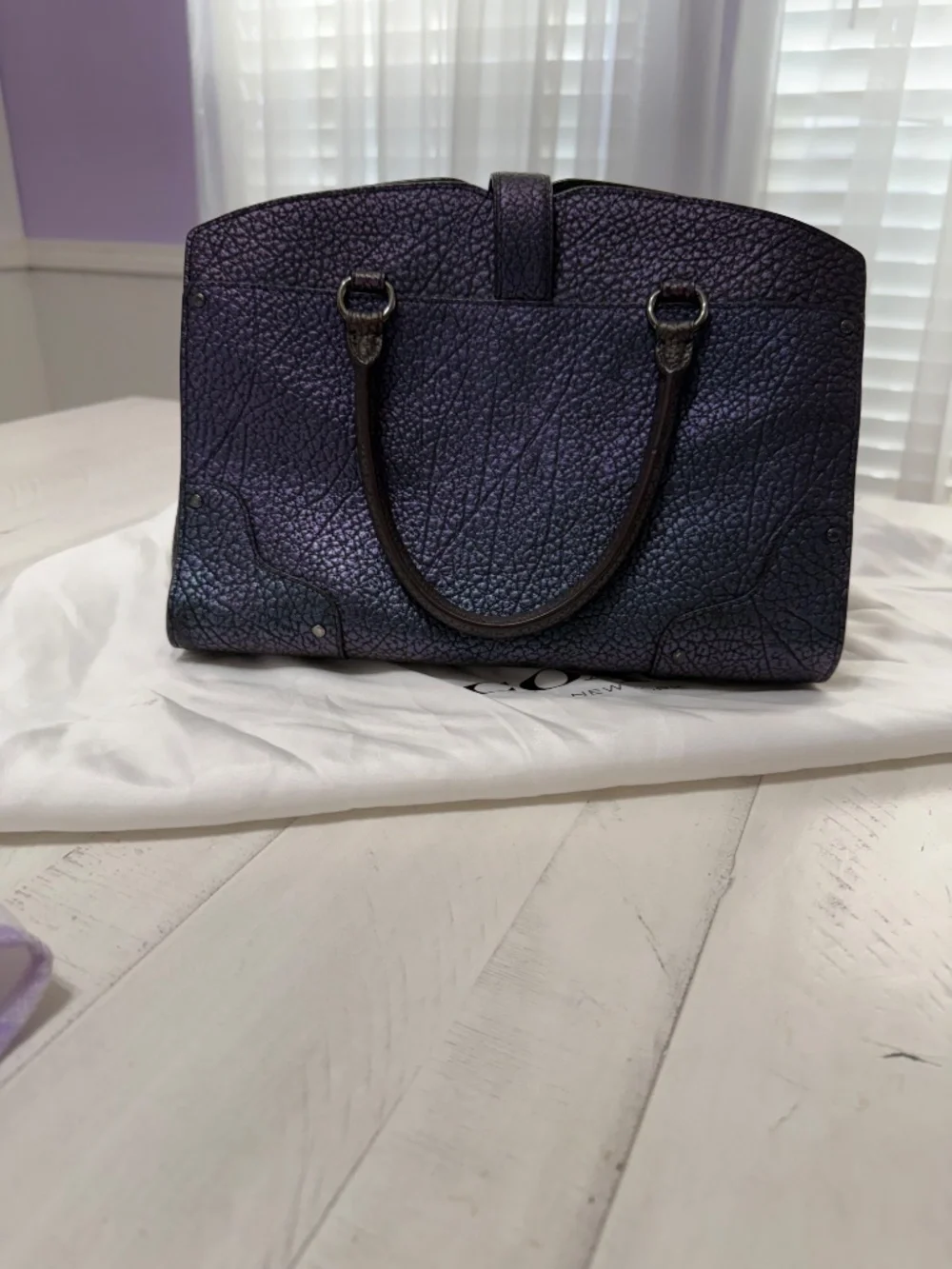 Coach Rogue Metallic Iridescent Purple Pebbled Leather Satchel